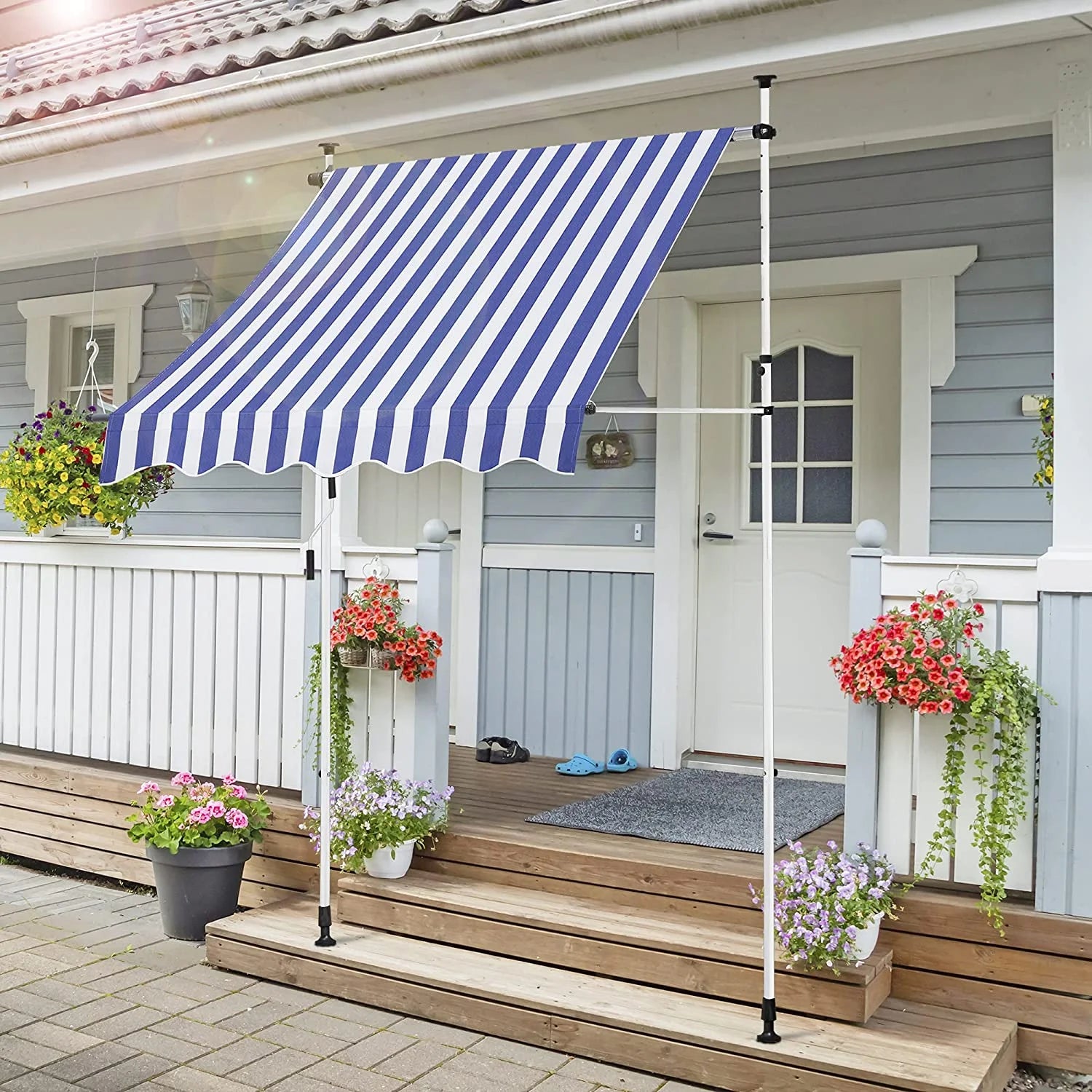 3'11" D Manual Retraction Slope Patio Awning in Blue/White